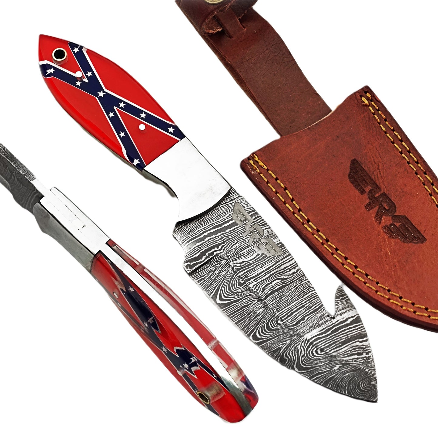 Ruddock Bros fixed blade knife with plastic resin handle with rebel flag design and Damascus steel blade with guthook includes leather sheath Ruddock El Paso Texas