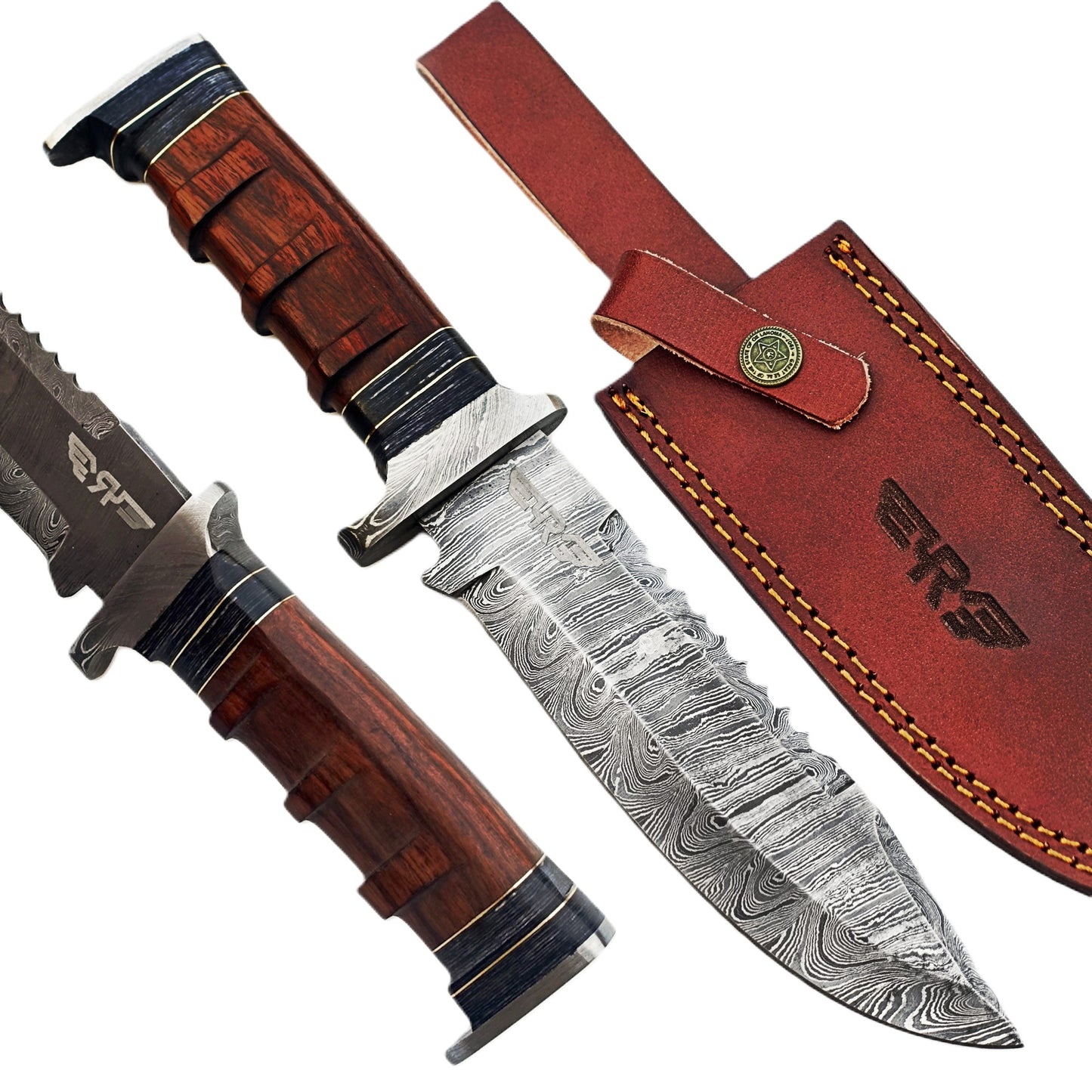Ruddock Bros Damascus Steel fixed blade survival knife with leather sheath Ruddock El Paso Texas