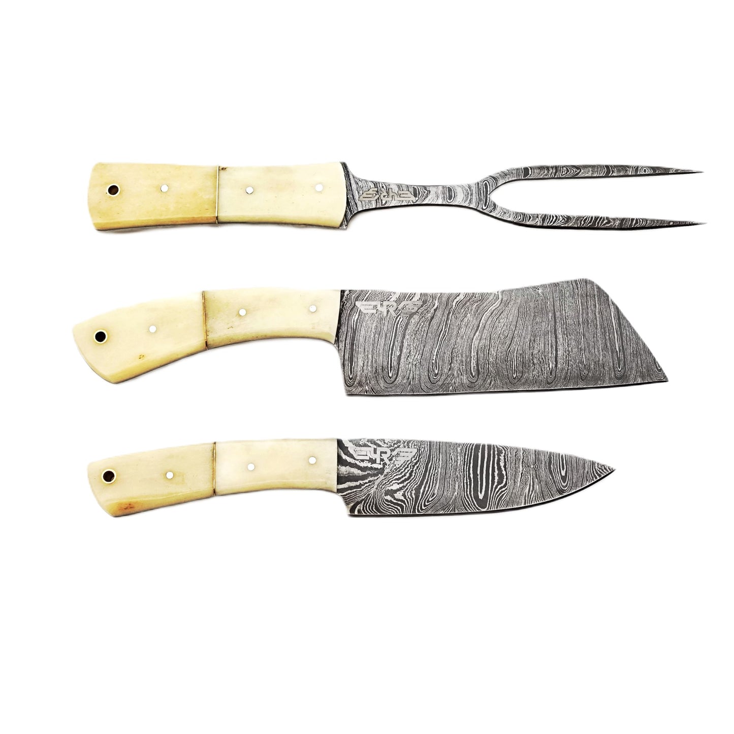 Ruddock Bros 3 piece carving set with natural bone handles and Damascus Steel blades Ruddock El Paso Texas