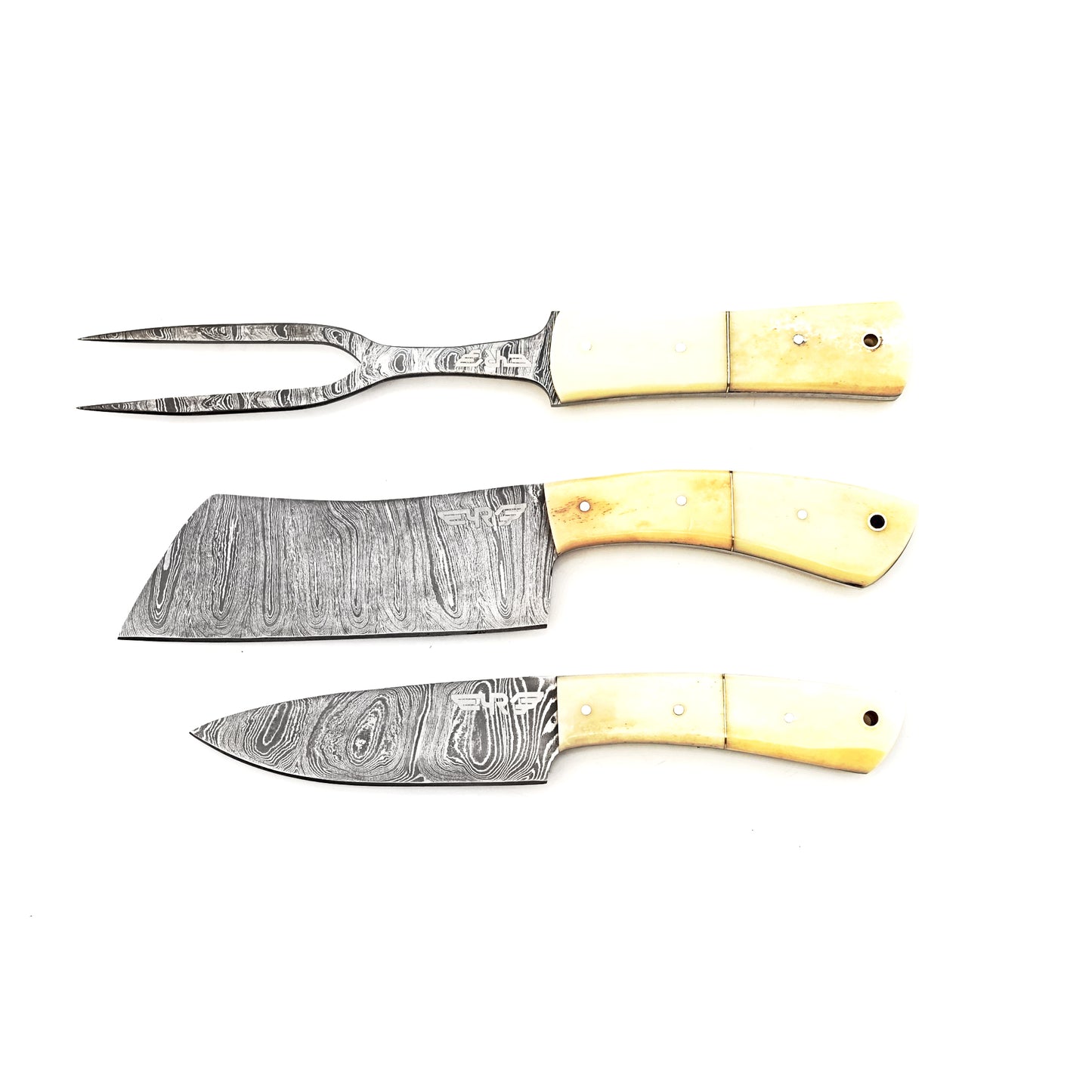 Ruddock Bros 3 piece carving set with natural bone handles and Damascus Steel blades Ruddock El Paso Texas