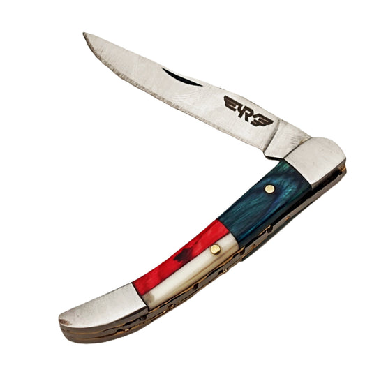Ruddock Bros slim folding pocket knife with natural bone and hardwood handle and stainless steel blade and leather sheath Ruddock El Paso Texas