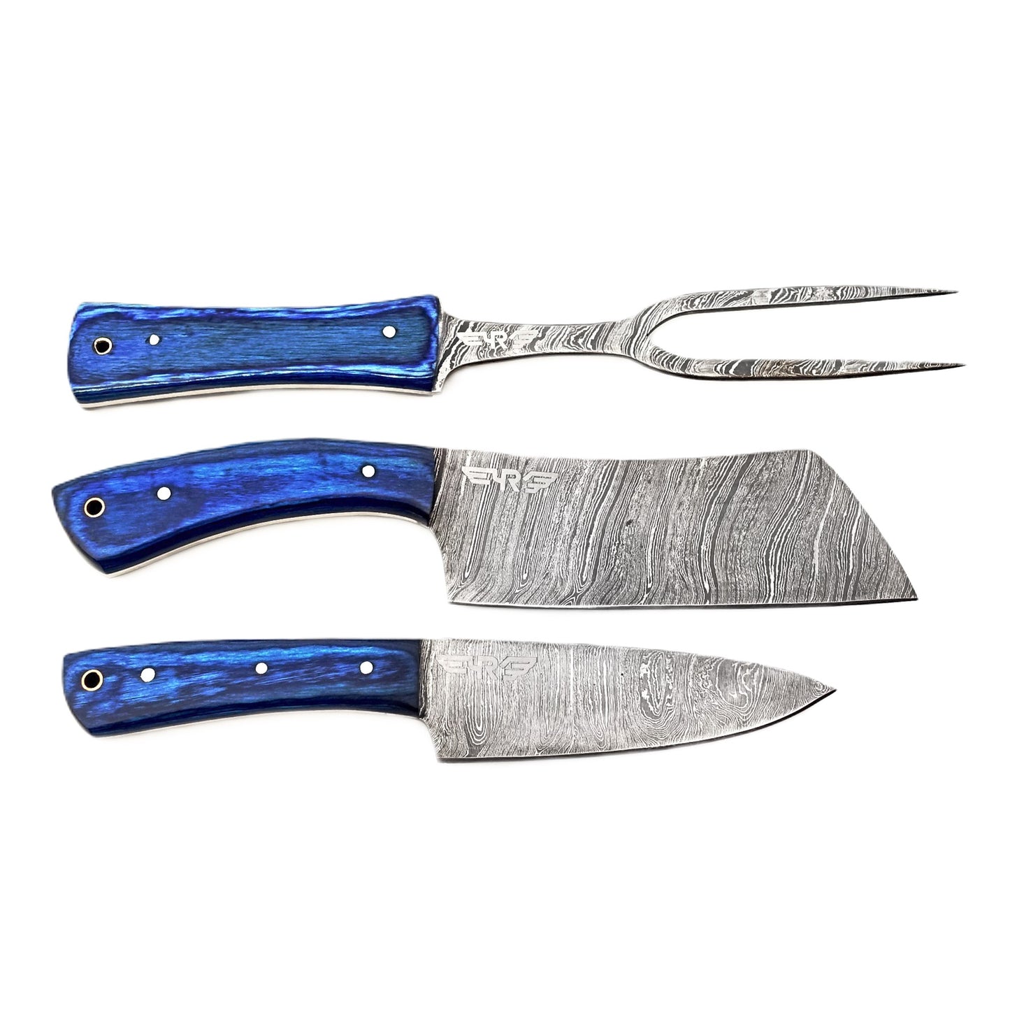 Ruddock Bros 3 piece carving set with blue hardwood handles and Damascus Steel blades Ruddock El Paso Texas