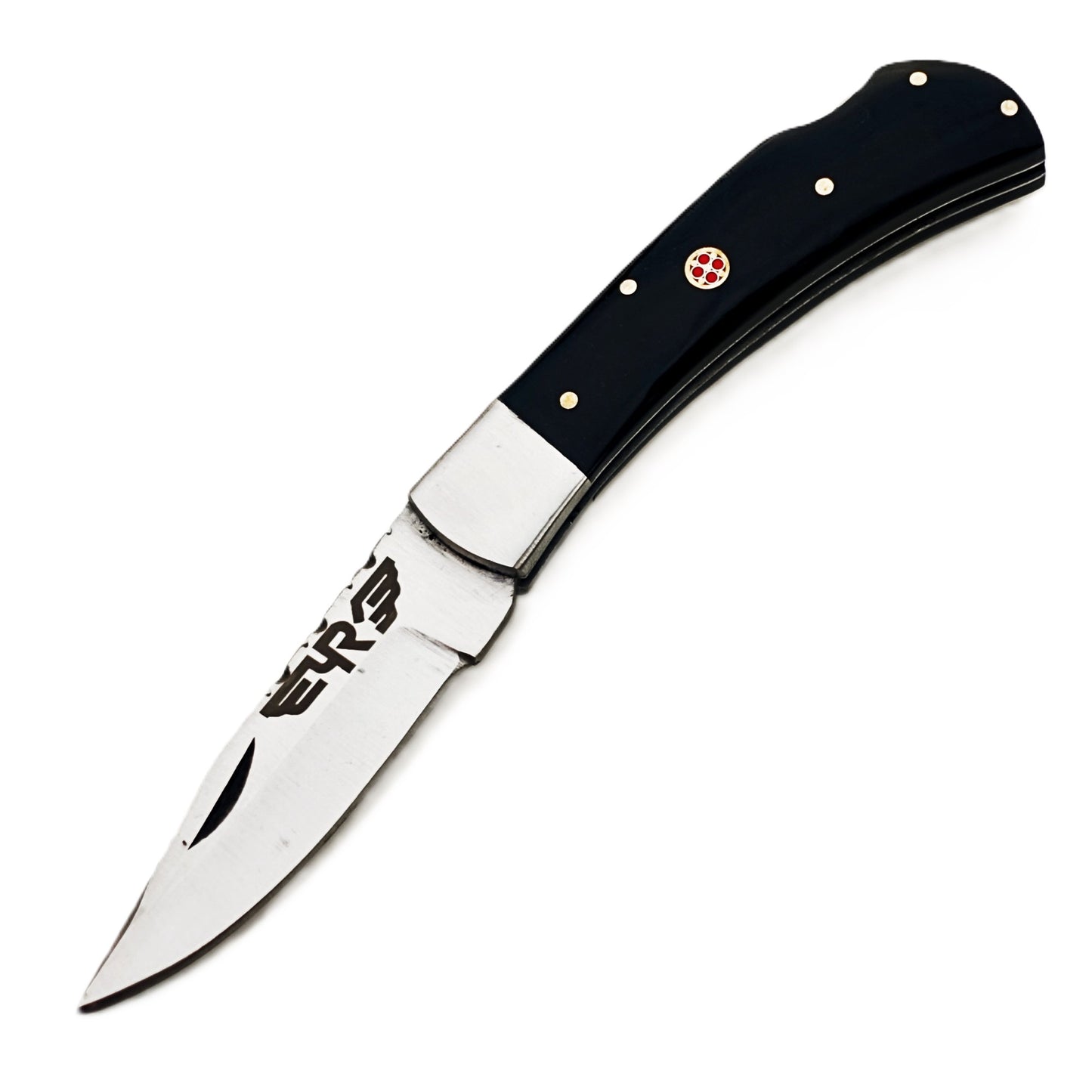 Ruddock Bros folding knife with black plastic resin handle with stainless steel blade with leather sheath Ruddock El Paso Texas