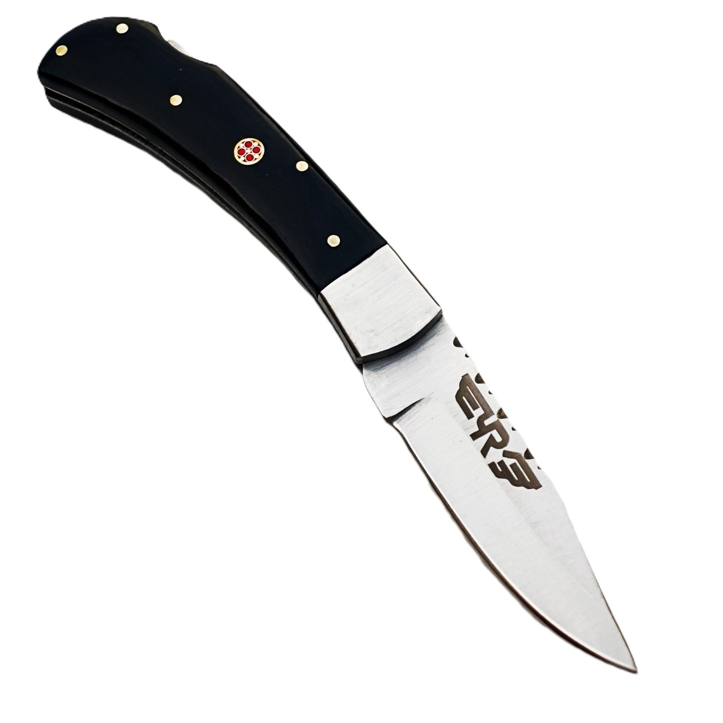 Ruddock Bros folding knife with black plastic resin handle with stainless steel blade with leather sheath Ruddock El Paso Texas