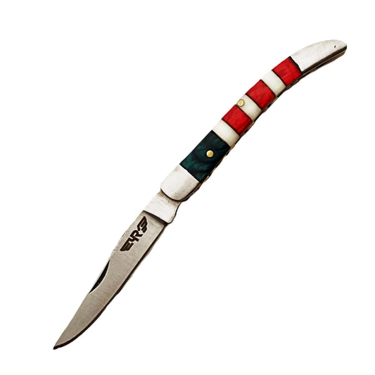 Ruddock Bros slim folding pocket knife with natural bone and hardwood handle and stainless steel blade and leather sheath Ruddock El Paso Texas