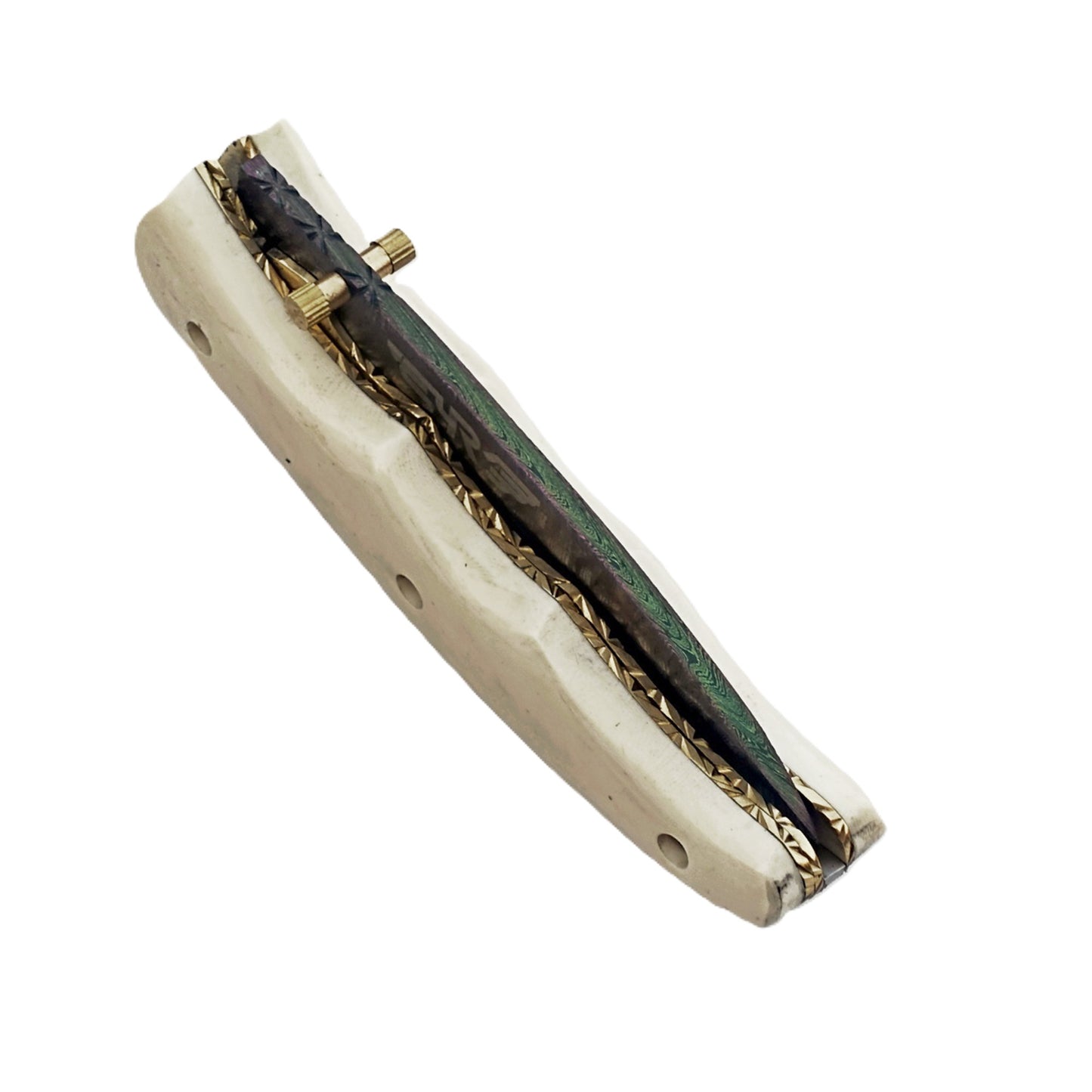 Ruddock Bros Damascus steel folding knife with acid wash blade and ivory handle Ruddock El Paso Texas