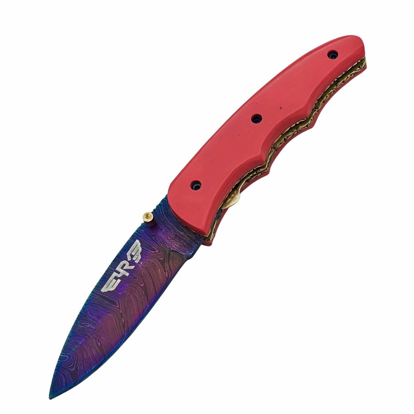 Ruddock Bros Damascus steel folding knife with acid wash blade and pink handle Ruddock El Paso Texas