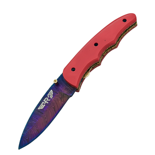 Ruddock Bros Damascus steel folding knife with acid wash blade and pink handle Ruddock El Paso Texas