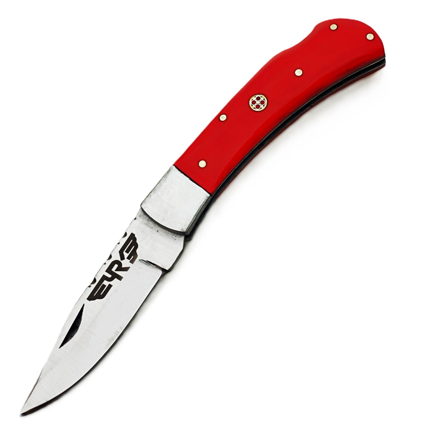 Ruddock Bros folding knife with plastic resin handle red with stainless steel blade with leather sheath Ruddock El Paso Texas