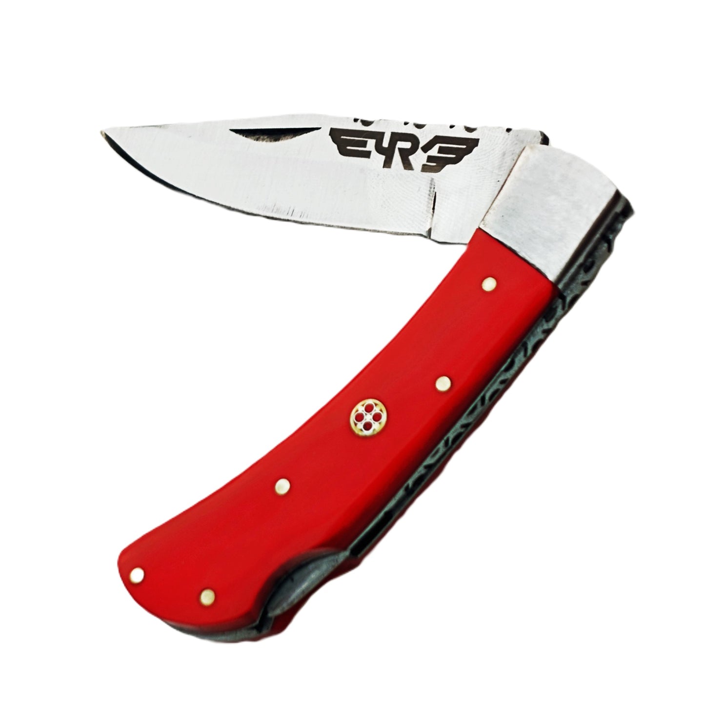 Ruddock Bros folding knife with plastic resin handle red with stainless steel blade with leather sheath Ruddock El Paso Texas
