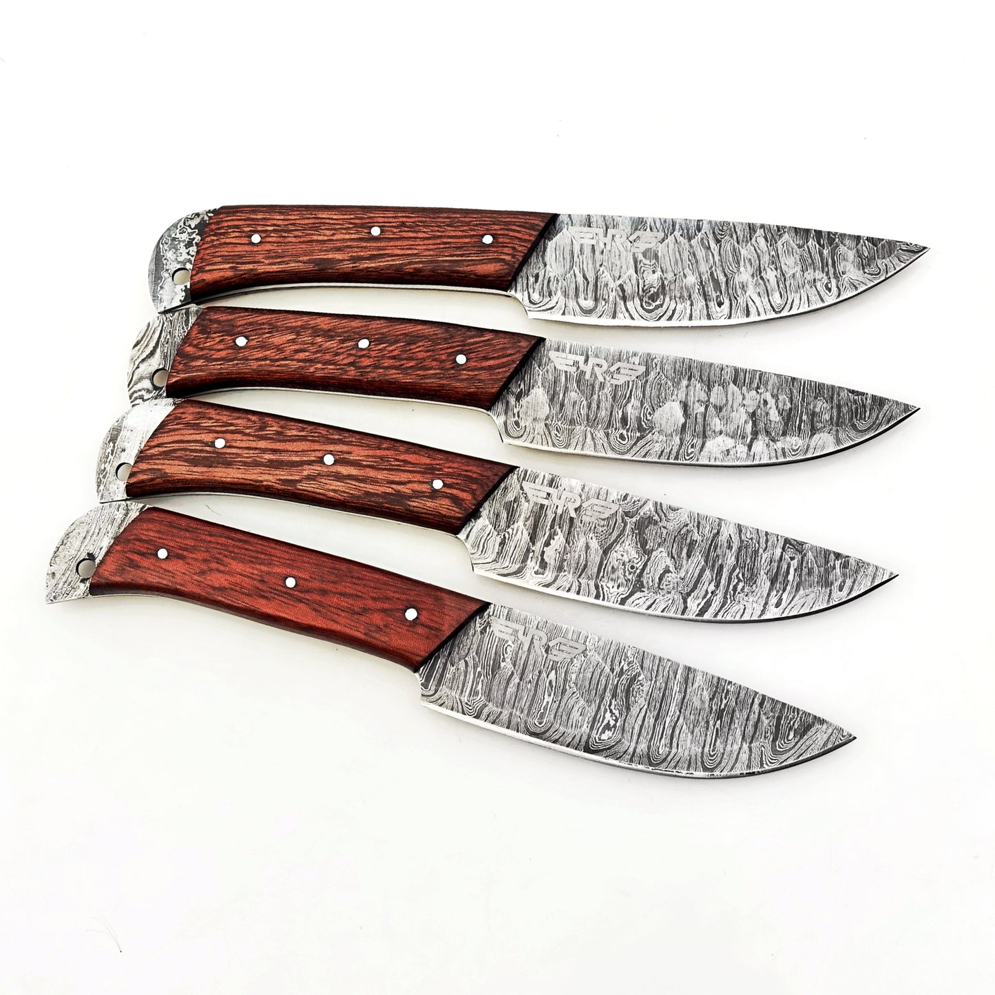 Ruddock Bros 4 piece steak knife set with natural brown hardwood handle and Damascus steel blade Ruddock El Paso Texas