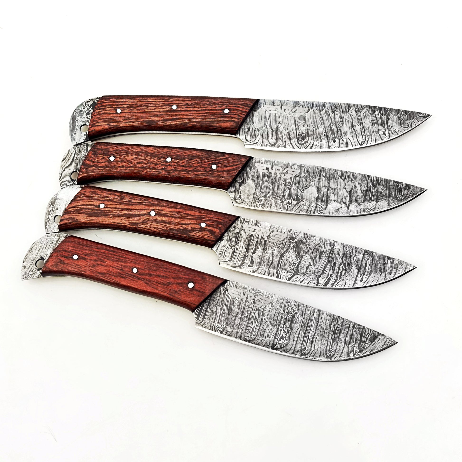 Ruddock Bros 4 piece steak knife set with natural brown hardwood handle and Damascus steel blade Ruddock El Paso Texas