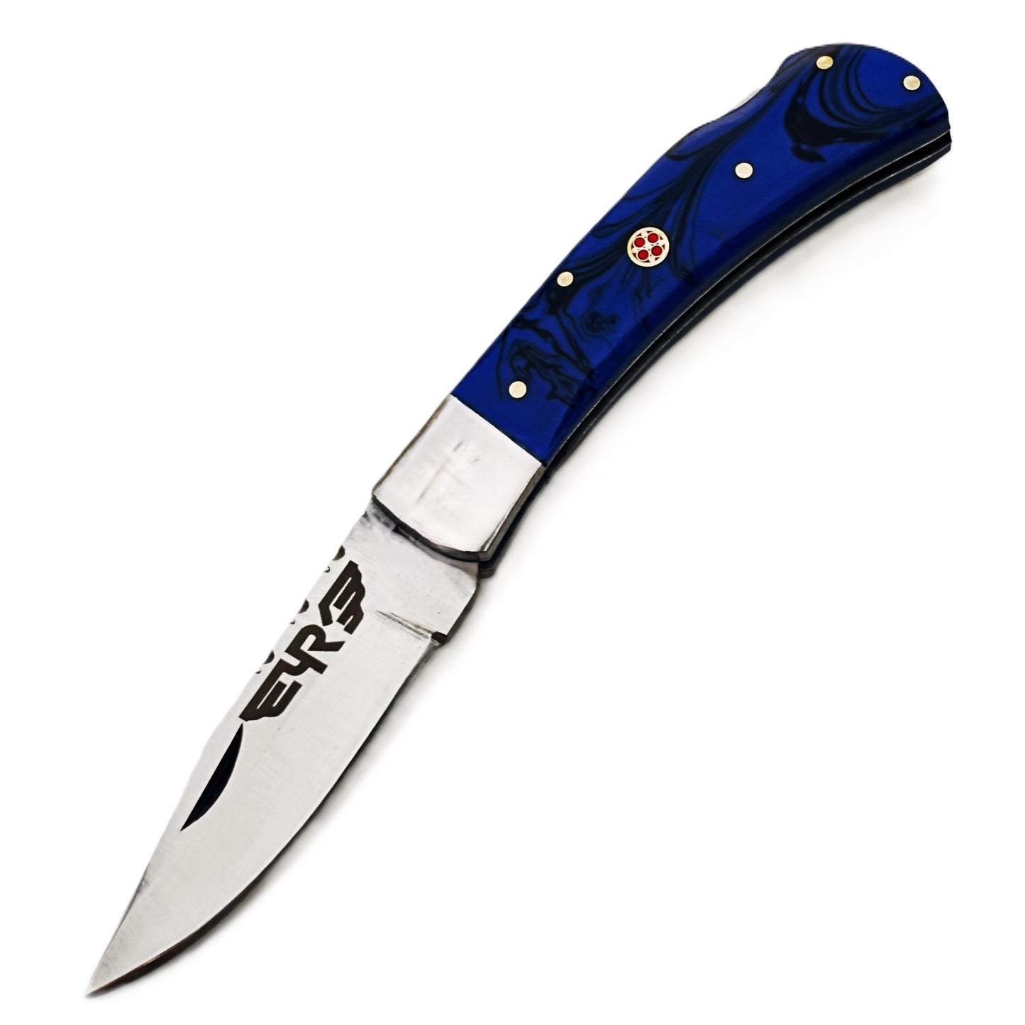 Ruddock Bros folding knife with blue plastic resin handle with stainless steel blade with leather sheath Ruddock El Paso Texas