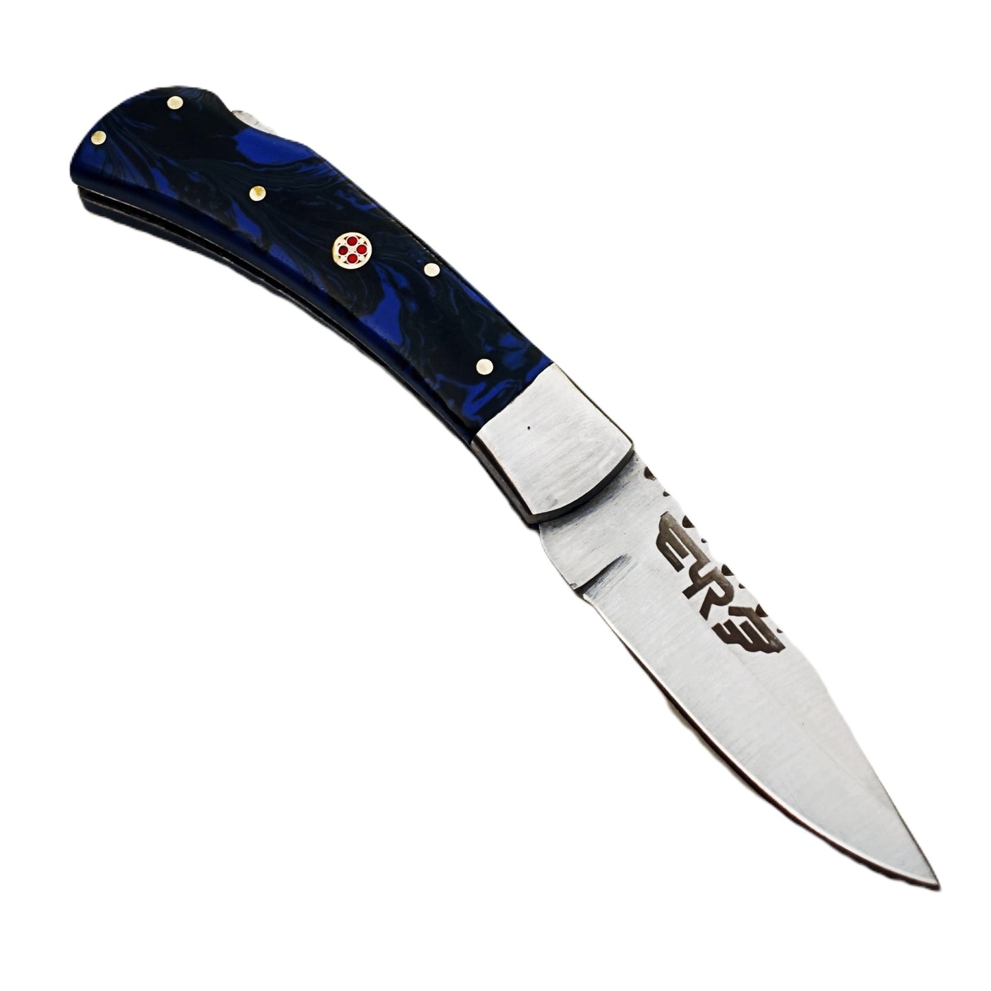 Ruddock Bros folding knife with blue plastic resin handle with stainless steel blade with leather sheath Ruddock El Paso Texas