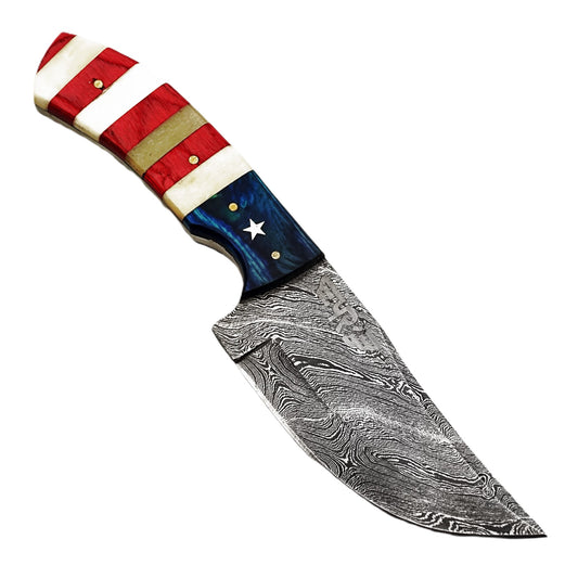 Ruddock Bros fixed blade knife with natural bone and hardwood handle and Damascus steel blade includes leather sheath Ruddock El Paso Texas