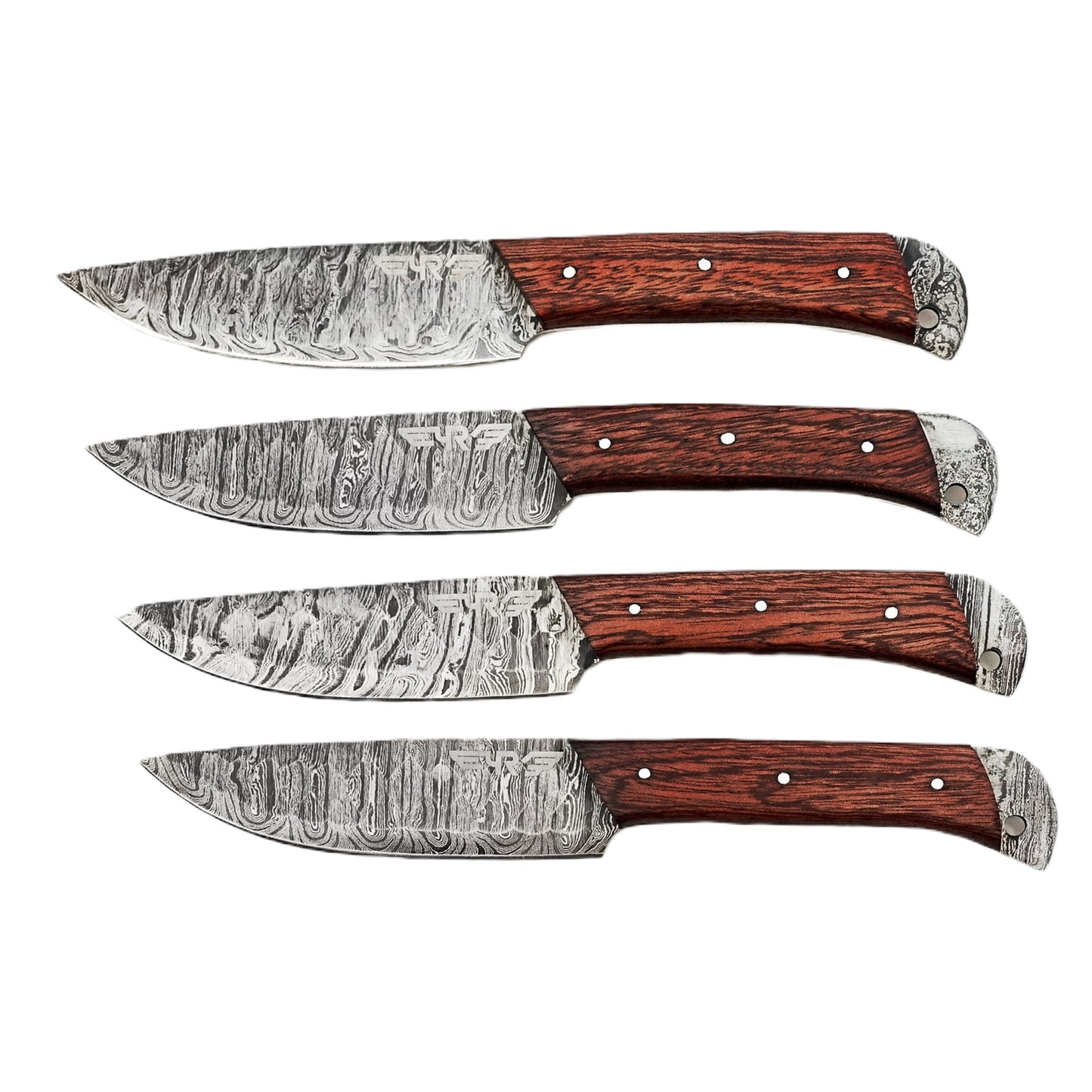 Ruddock Bros 4 piece steak knife set with natural brown hardwood handle and Damascus steel blade Ruddock El Paso Texas