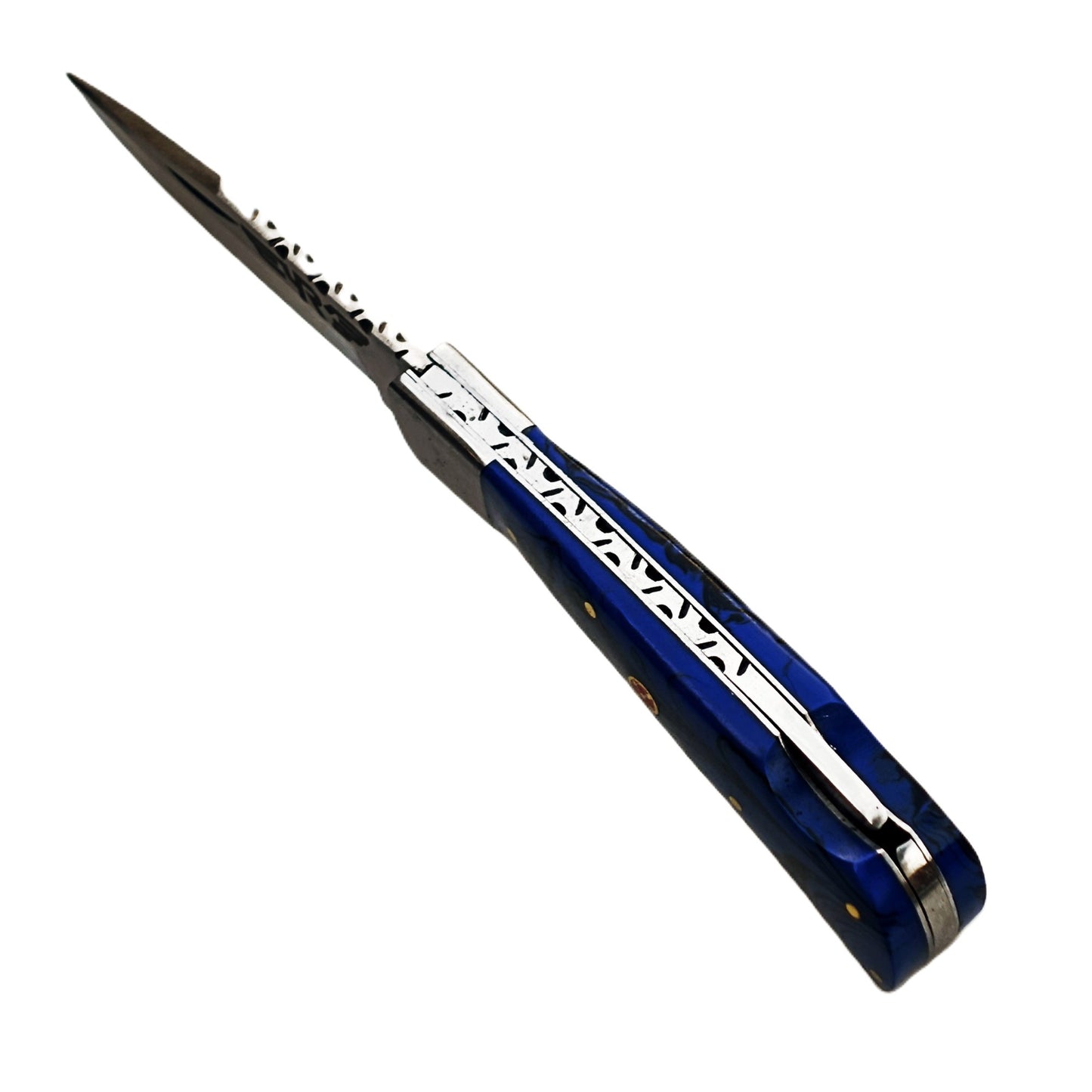 Ruddock Bros folding knife with blue plastic resin handle with stainless steel blade with leather sheath Ruddock El Paso Texas
