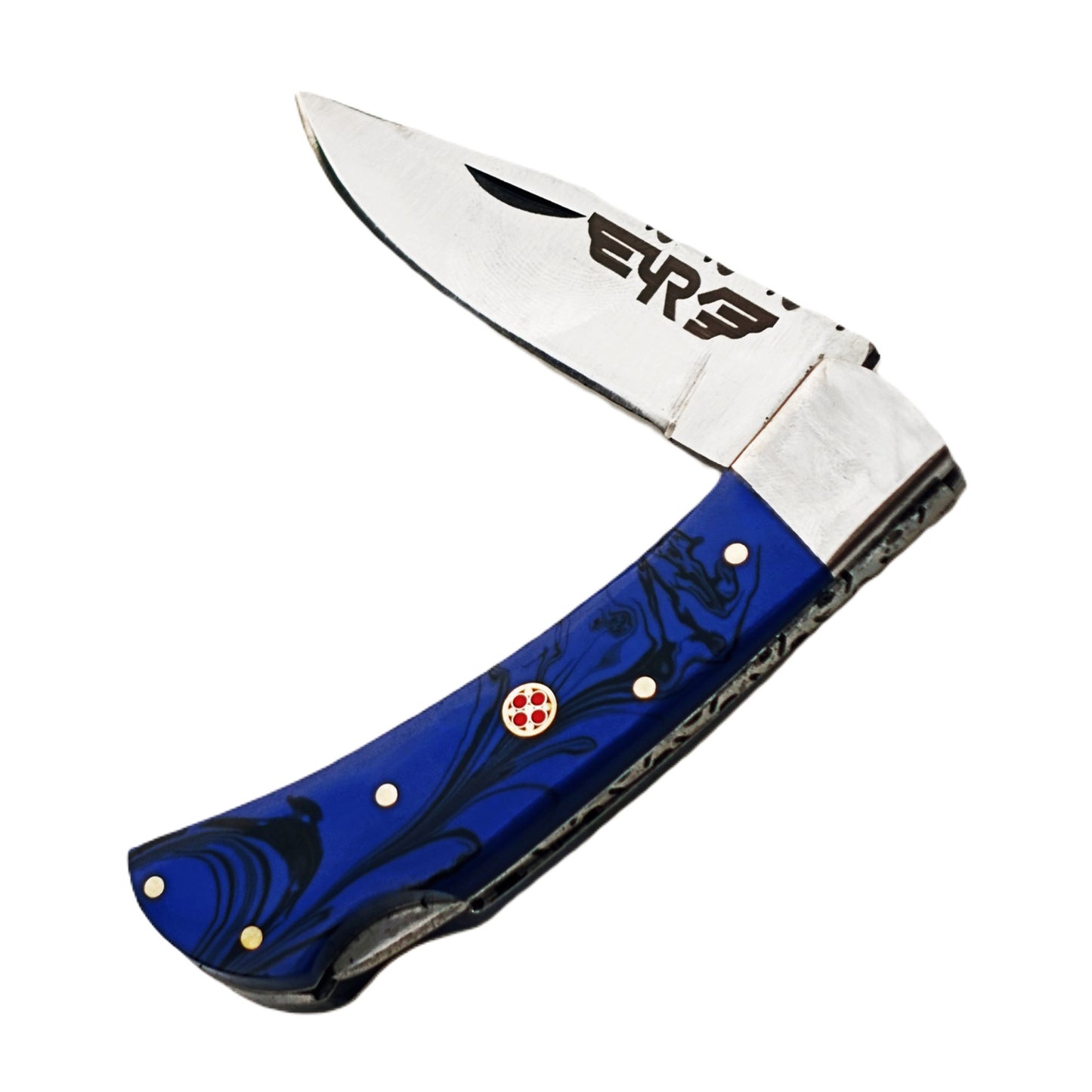 Ruddock Bros folding knife with blue plastic resin handle with stainless steel blade with leather sheath Ruddock El Paso Texas
