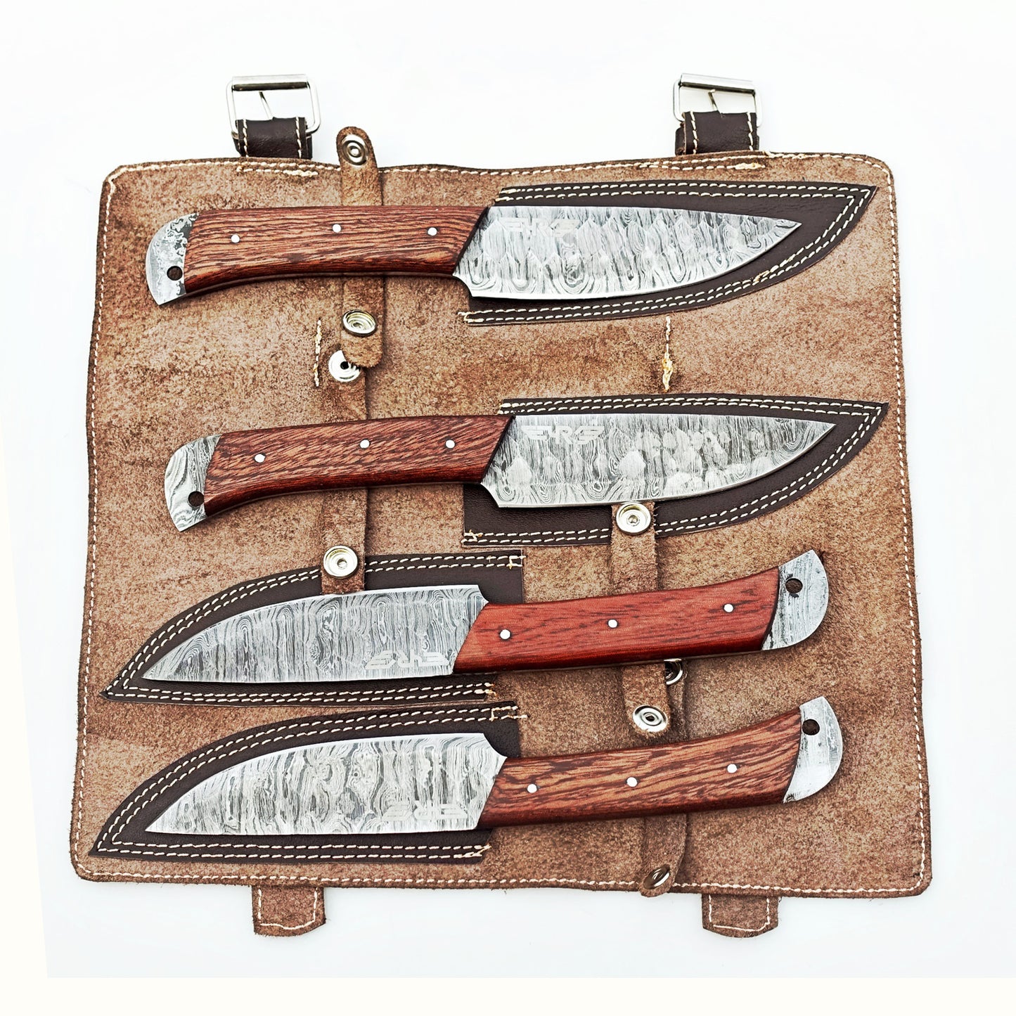 Ruddock Bros 4 piece steak knife set with natural brown hardwood handle and Damascus steel blade Ruddock El Paso Texas with suede leather pouch