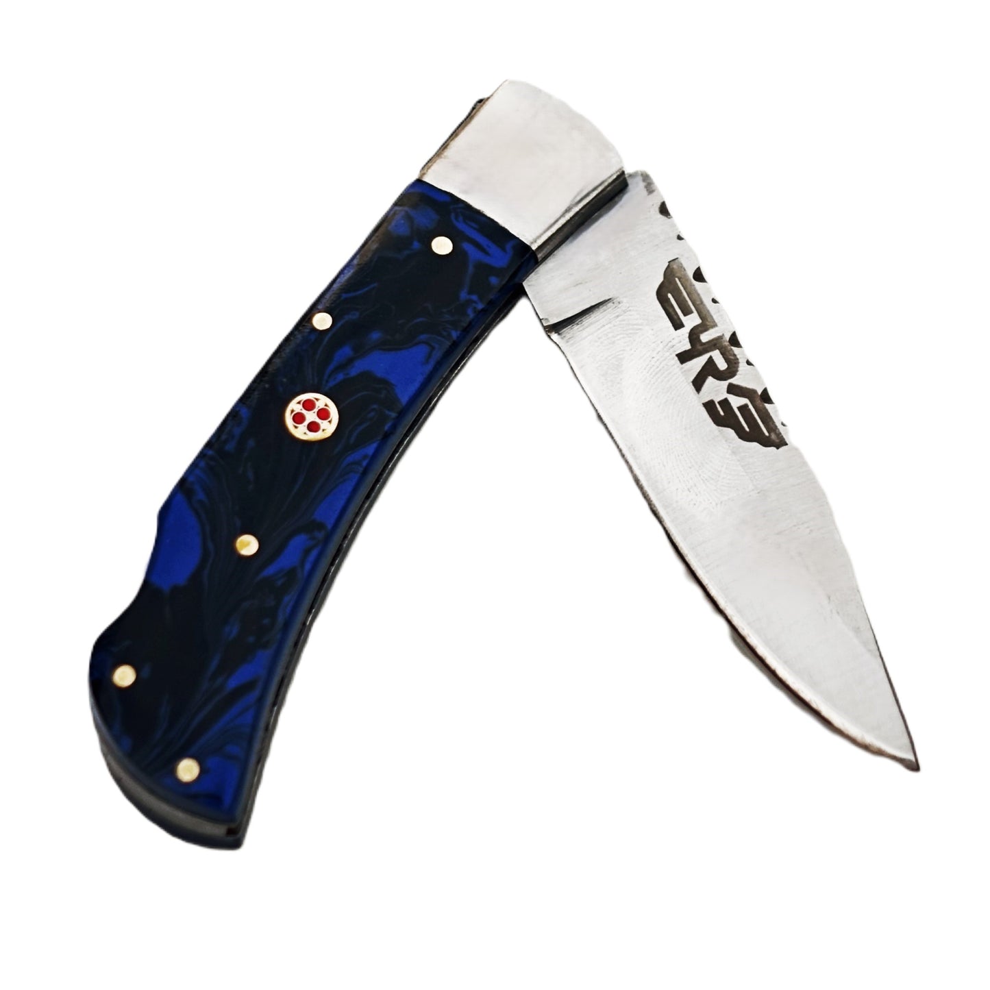 Ruddock Bros folding knife with blue plastic resin handle with stainless steel blade with leather sheath Ruddock El Paso Texas