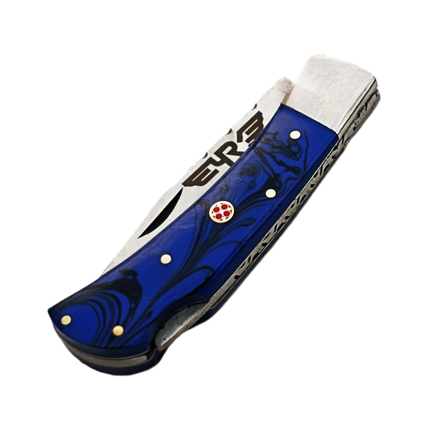 Ruddock Bros folding knife with blue plastic resin handle with stainless steel blade with leather sheath Ruddock El Paso Texas