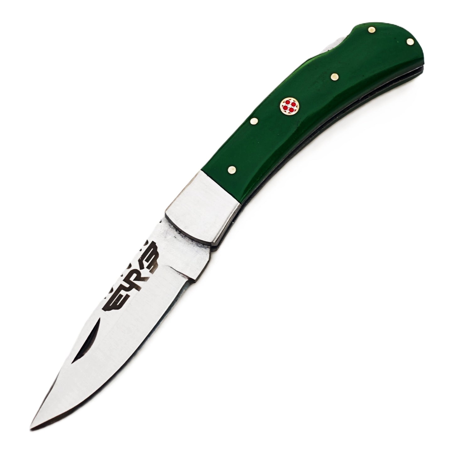 Ruddock Bros folding knife with green plastic resin handle with stainless steel blade with leather sheath Ruddock El Paso Texas