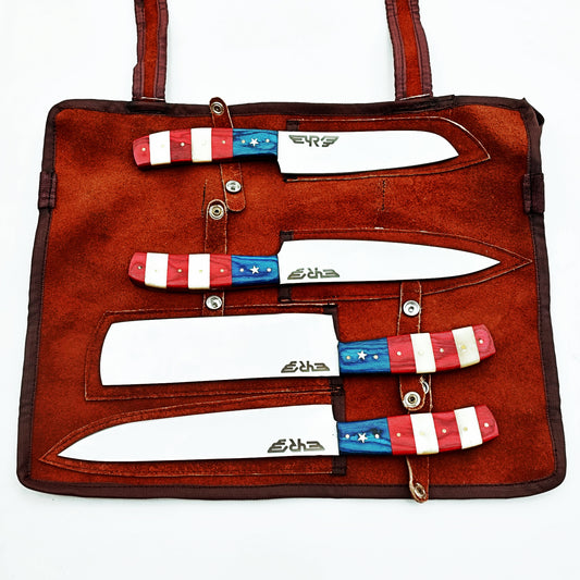 Stainless steel four piece knife set with patriotic handles with bone and hardwood by Ruddock Bros El Paso Texas Ruddock Shirts with leather carry pouch