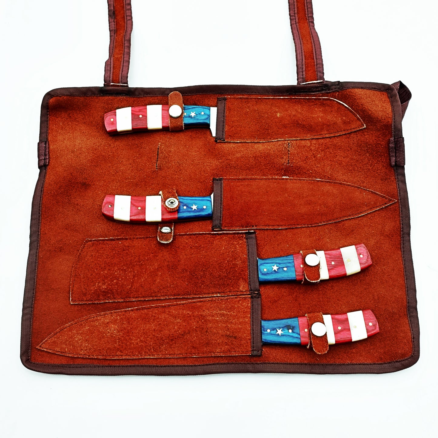 Stainless steel four piece knife set with patriotic handles with bone and hardwood by Ruddock Bros El Paso Texas Ruddock Shirts with leather carry pouch