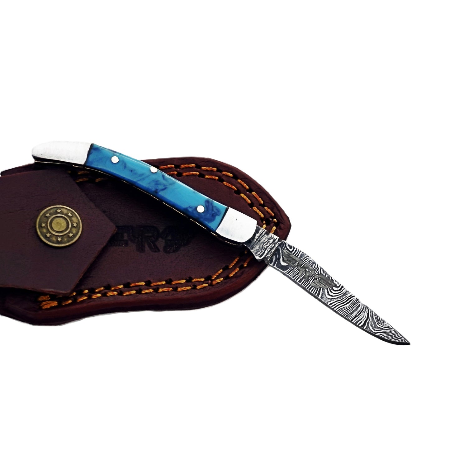 Ruddock Bros slim folding pocket knife with resin plastic handle and Damascus steel blade and leather sheath Ruddock El Paso Texas