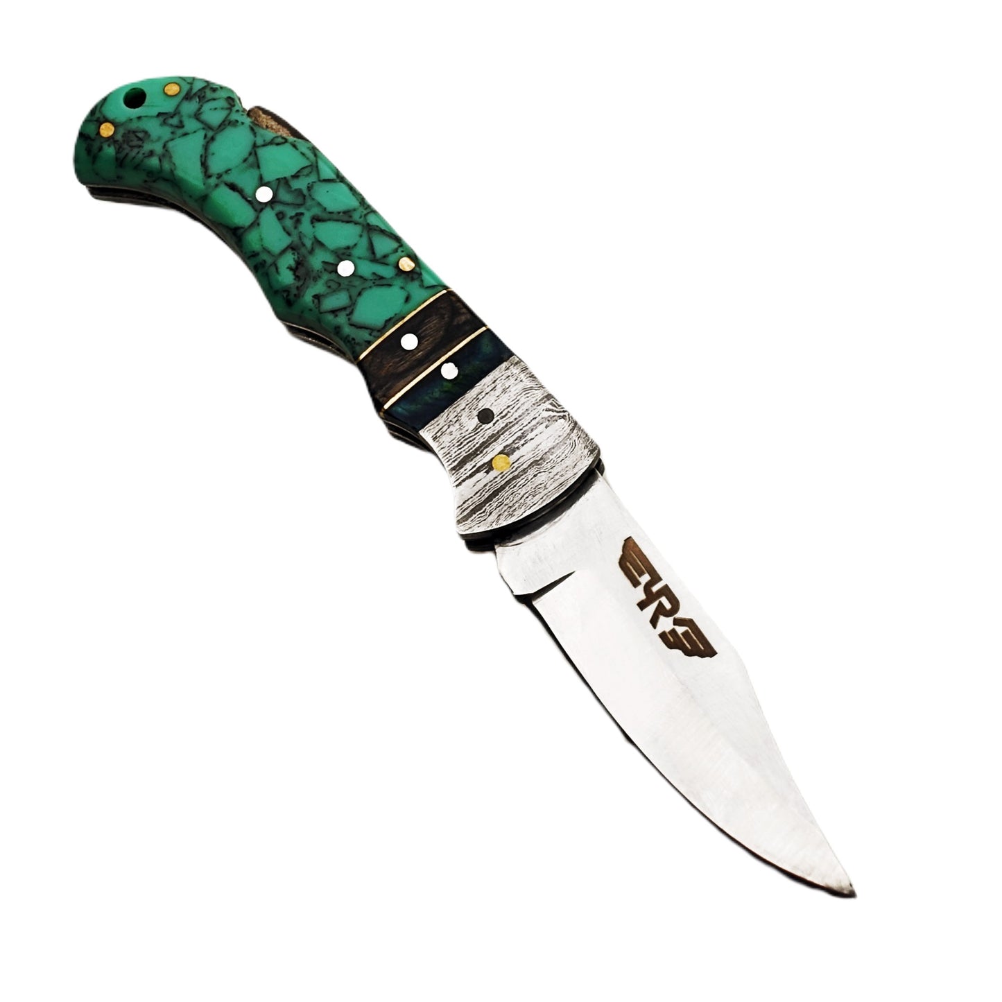 Ruddock Bros folding knife with plastic resin handle in green pattern and Damascus steel with stainless steel blade with leather sheath Ruddock El Paso Texas