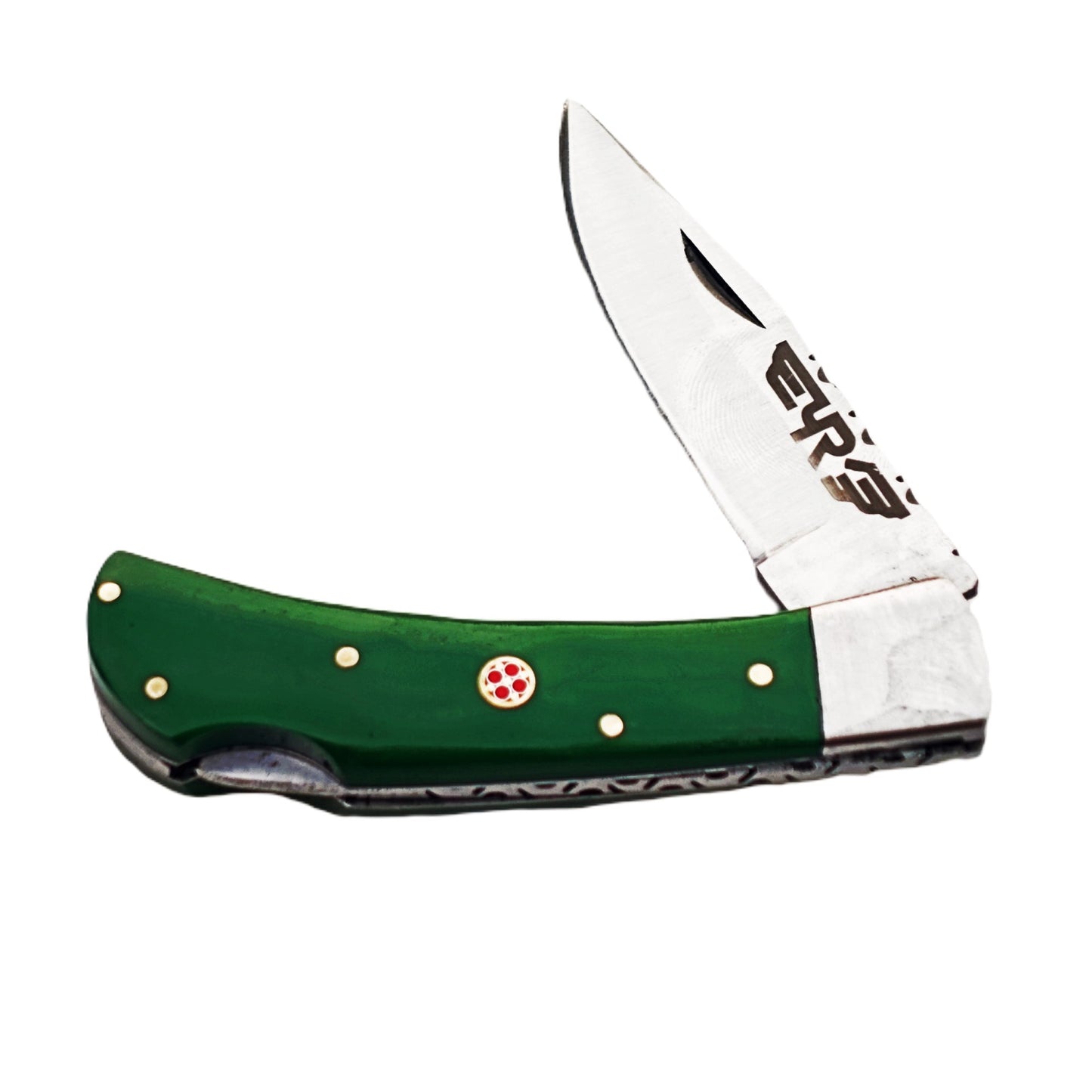 Ruddock Bros folding knife with green plastic resin handle with stainless steel blade with leather sheath Ruddock El Paso Texas