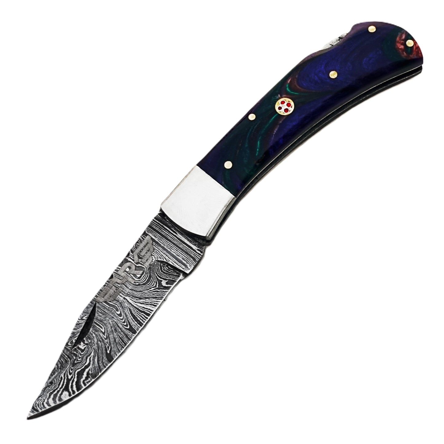Ruddock Bros folding knife with indigo swirl plastic resin handle with Damascus steel blade with leather sheath Ruddock El Paso Texas