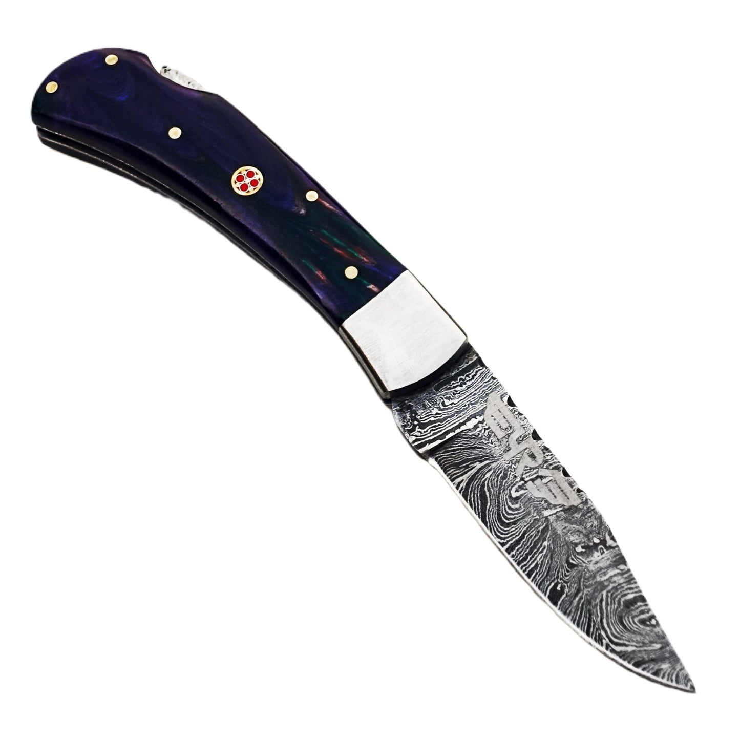Ruddock Bros folding knife with indigo swirl plastic resin handle with Damascus steel blade with leather sheath Ruddock El Paso Texas