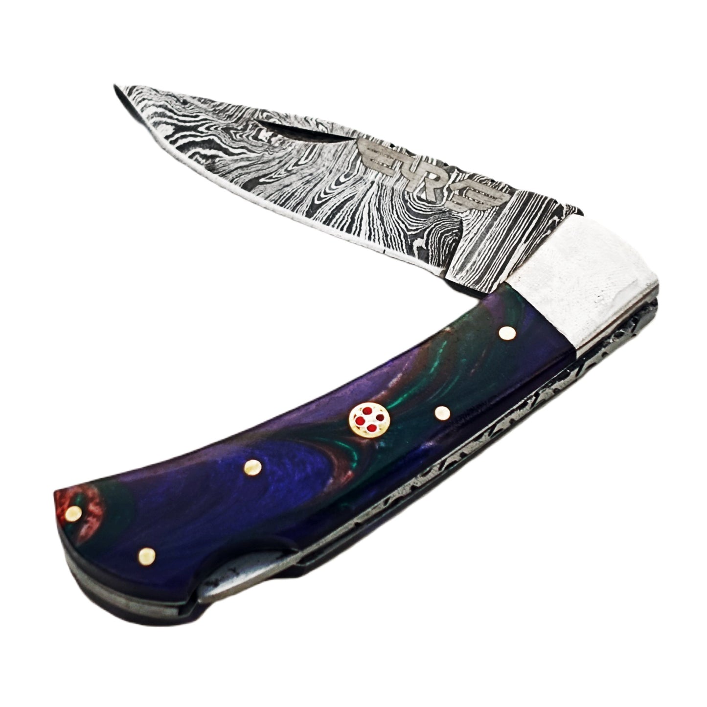 Ruddock Bros folding knife with indigo swirl plastic resin handle with Damascus steel blade with leather sheath Ruddock El Paso Texas