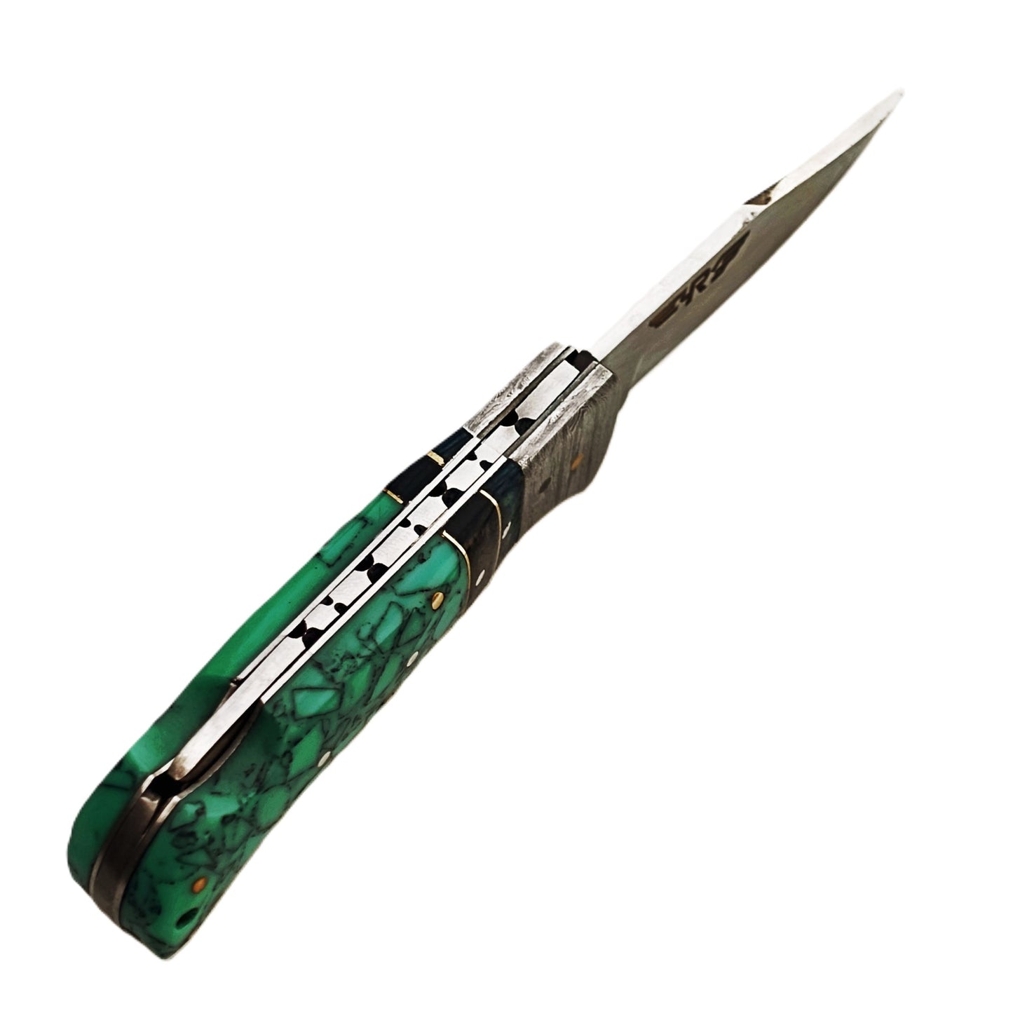 Ruddock Bros folding knife with plastic resin handle in green pattern and Damascus steel with stainless steel blade with leather sheath Ruddock El Paso Texas