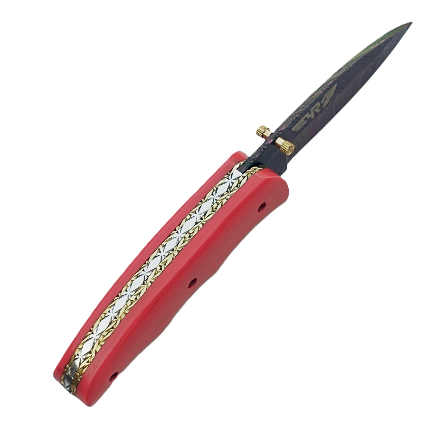 Ruddock Bros Damascus steel folding knife with acid wash blade and pink handle Ruddock El Paso Texas