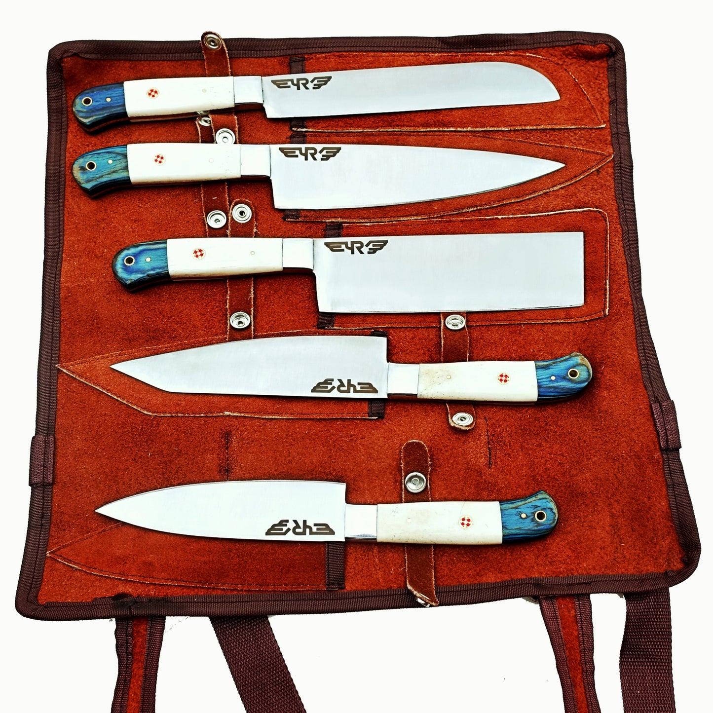 Stainless steel 5 piece knife set with handles made with bone and jade hardwood by Ruddock Bros El Paso Texas Ruddock Shirts with leather carry pouch