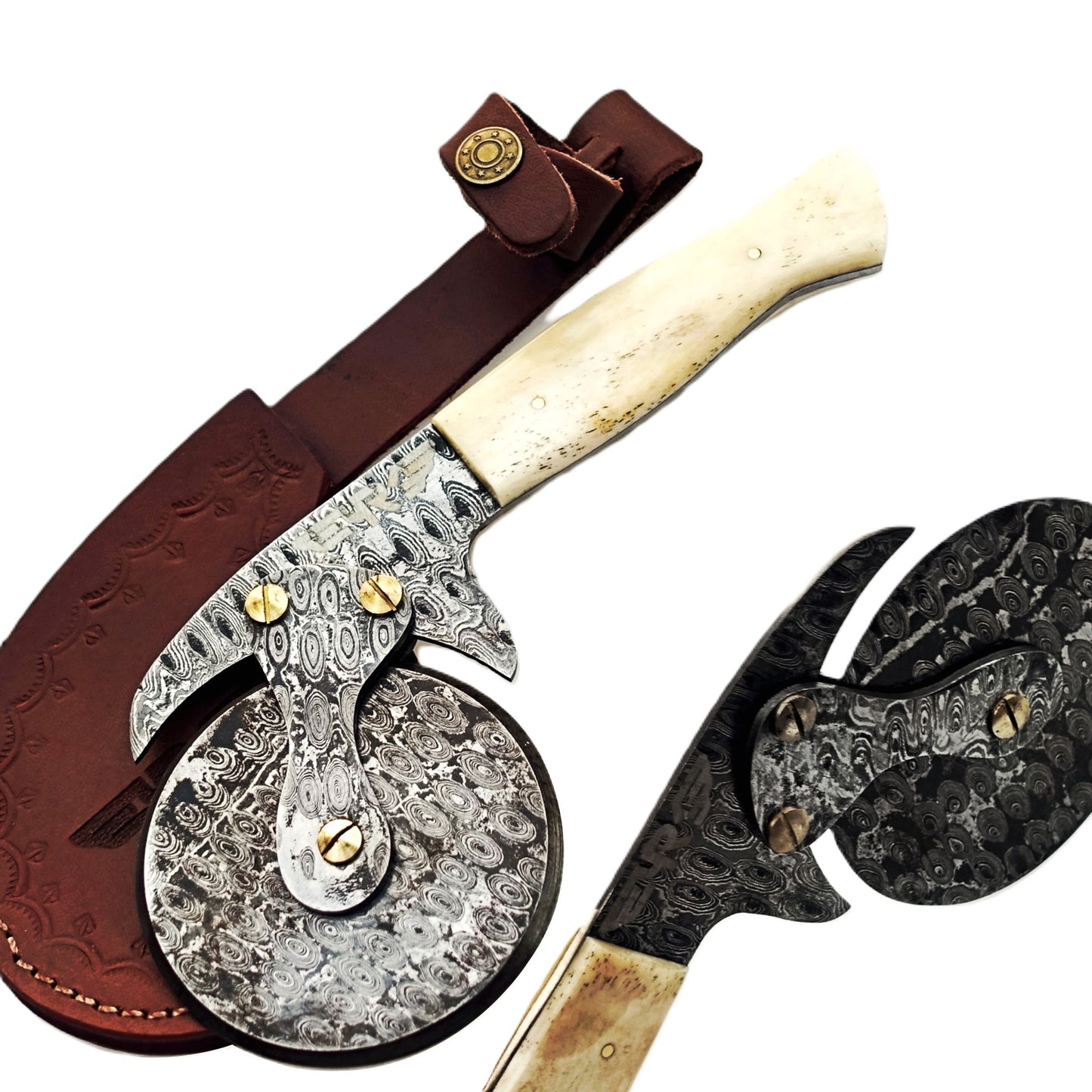 Ruddock Bros Damascus Steel Pizza Wheel cutter with bone handle and leather sheath Ruddock El Paso Texas USA