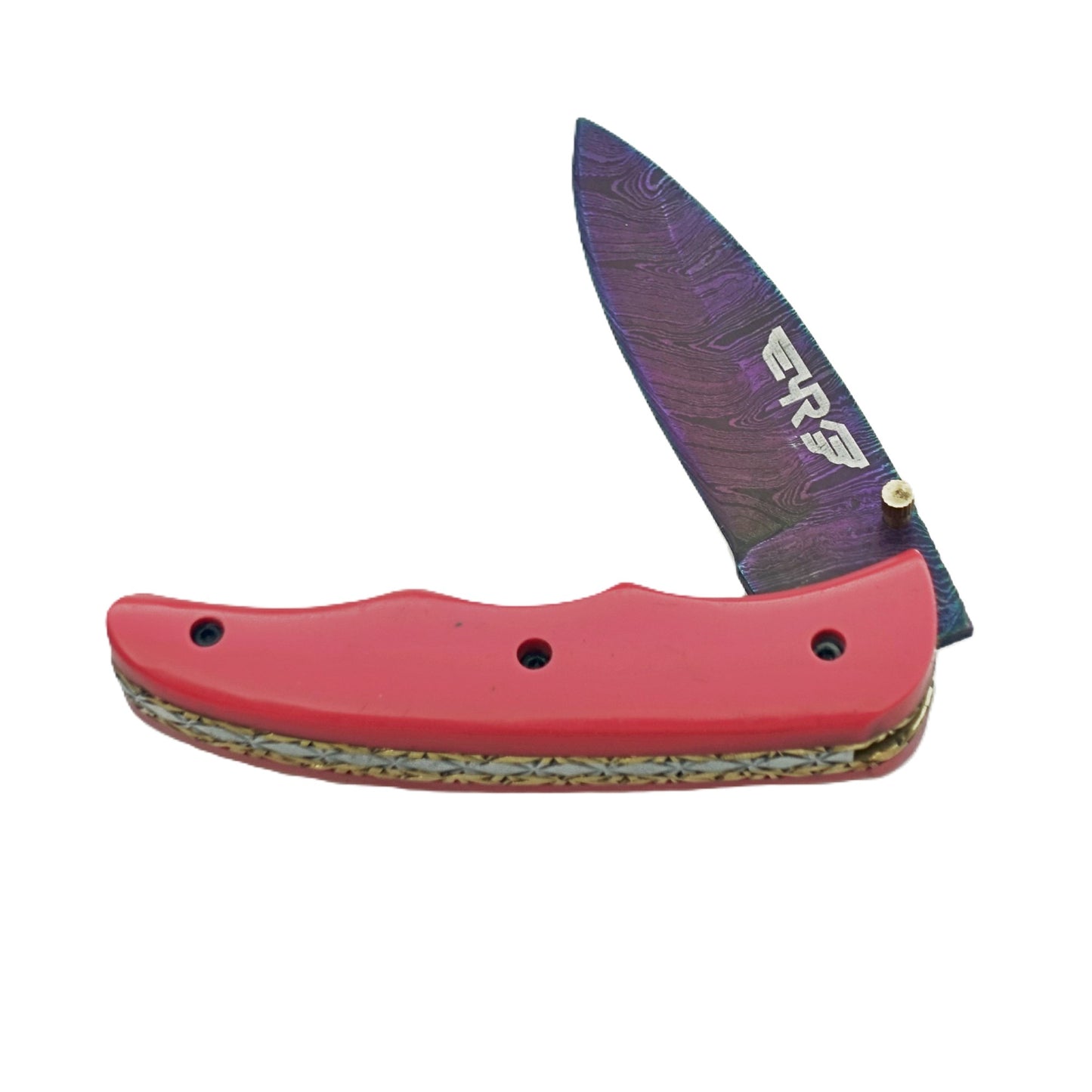 Ruddock Bros Damascus steel folding knife with acid wash blade and pink handle Ruddock El Paso Texas