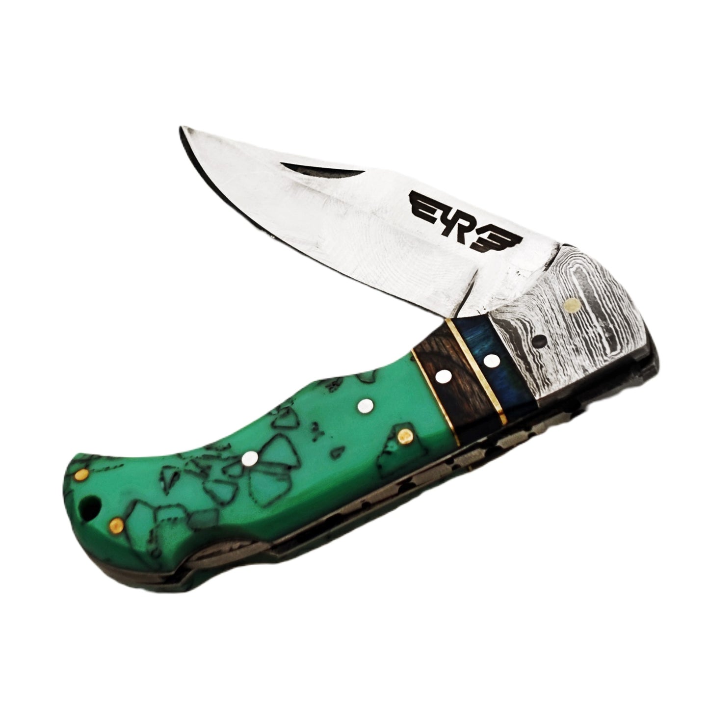 Ruddock Bros folding knife with plastic resin handle in green pattern and Damascus steel with stainless steel blade with leather sheath Ruddock El Paso Texas