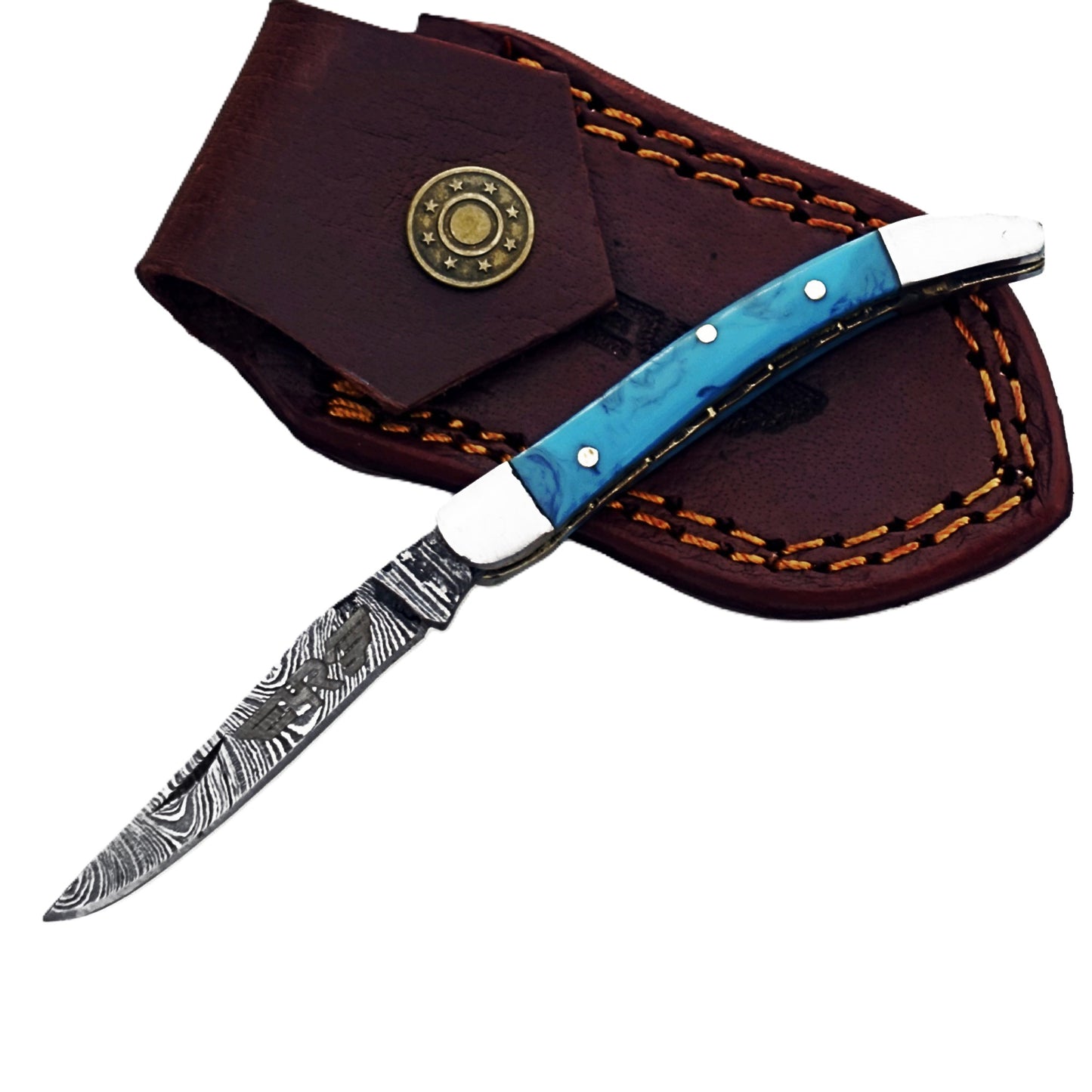 Ruddock Bros slim folding pocket knife with resin plastic handle and Damascus steel blade and leather sheath Ruddock El Paso Texas