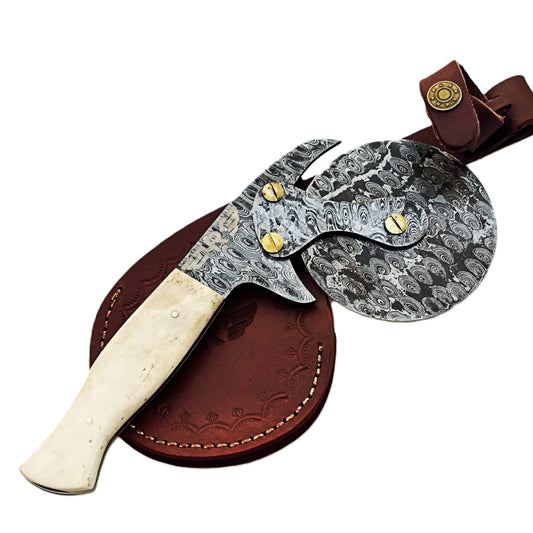 Ruddock Bros Damascus Steel Pizza Wheel cutter with bone handle and leather sheath Ruddock El Paso Texas USA