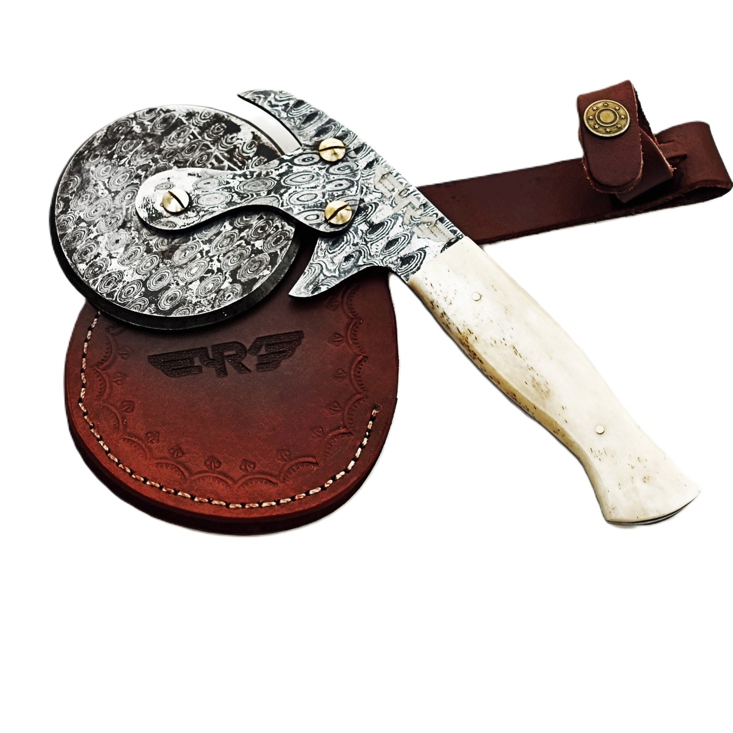 Ruddock Bros Damascus Steel Pizza Wheel cutter with bone handle and leather sheath Ruddock El Paso Texas USA