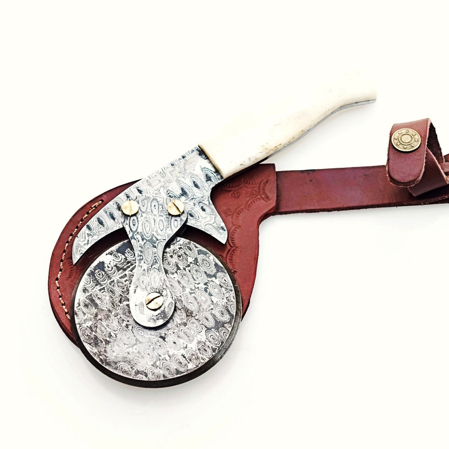 Damascus Steel Pizza Cutter with bone handle by Ruddock Bros El Paso Texas USA Ruddock Shirt