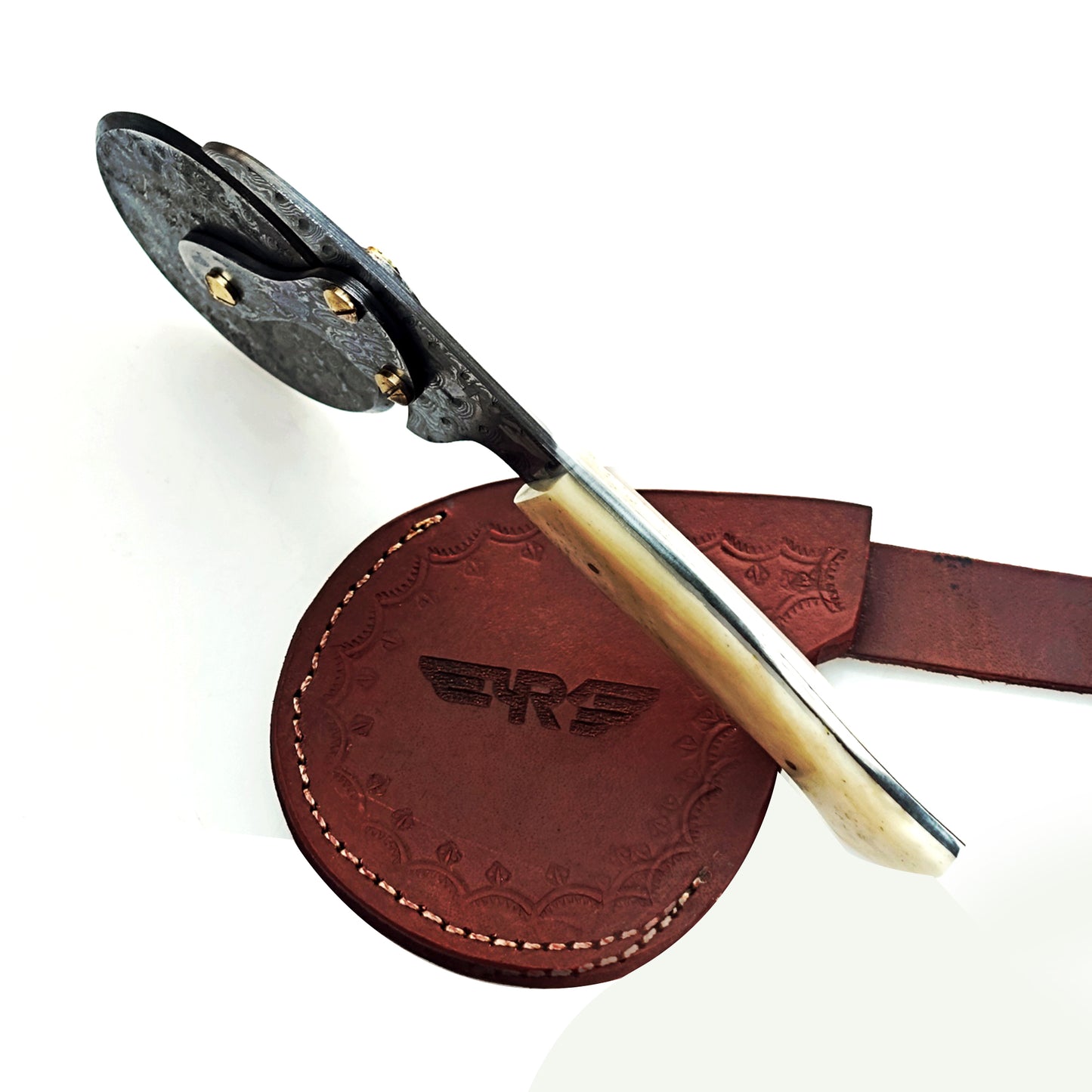 Damascus Steel Pizza Cutter with bone handle by Ruddock Bros El Paso Texas USA Ruddock Shirt