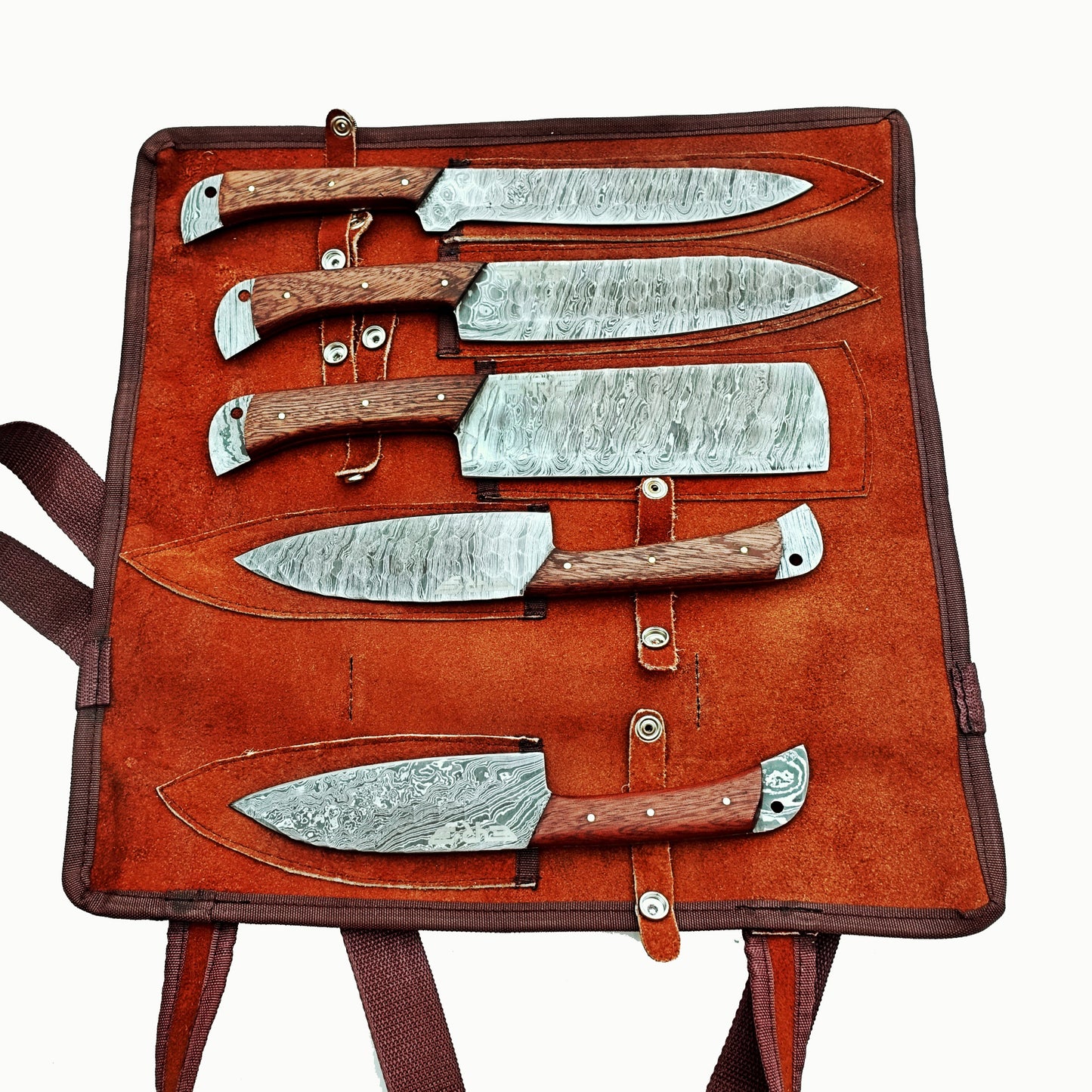 Damascus steel knife 5 piece knife set with rosewood handles by Ruddock Bros El Paso Texas Ruddock Shirts with leather carry pouch