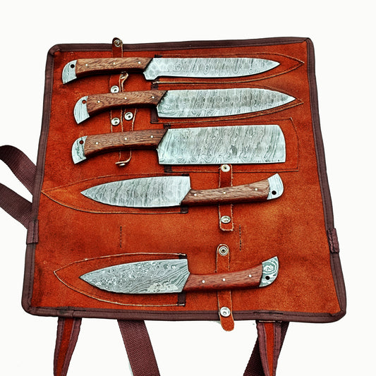 Damascus steel knife 5 piece knife set with rosewood handles by Ruddock Bros El Paso Texas Ruddock Shirts with leather carry pouch