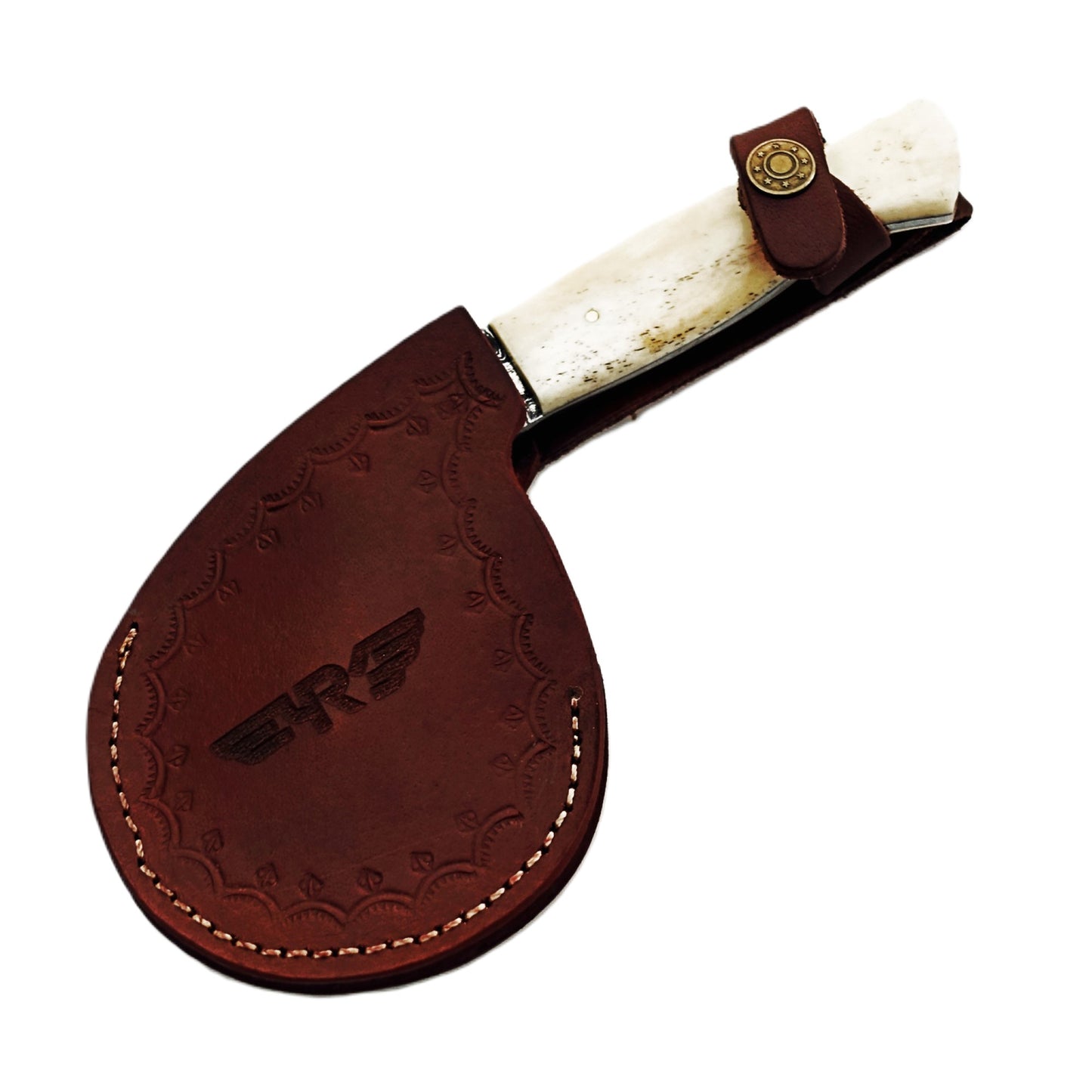 Ruddock Bros Damascus Steel Pizza Wheel cutter with bone handle and leather sheath Ruddock El Paso Texas USA