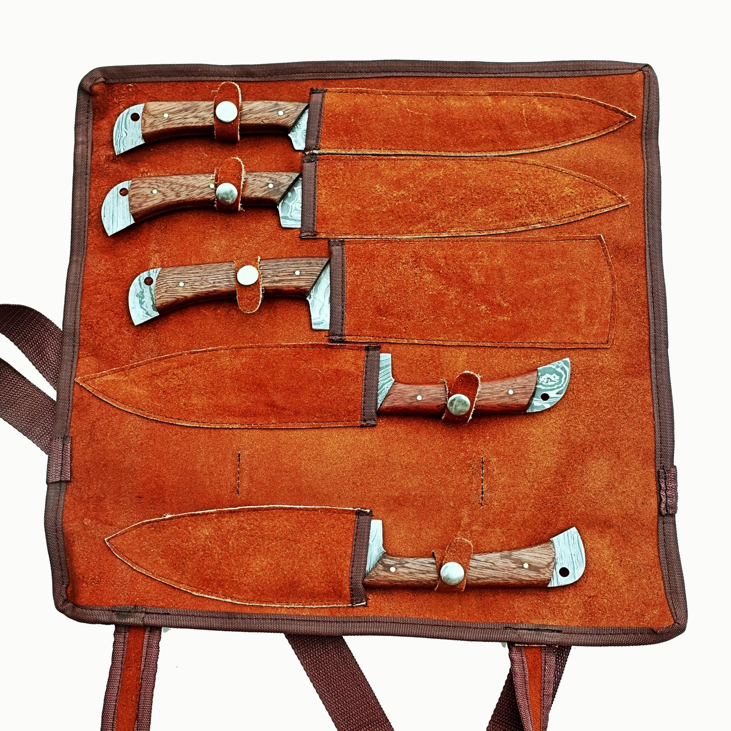 Damascus steel knife 5 piece knife set with rosewood handles by Ruddock Bros El Paso Texas Ruddock Shirts with leather carry pouch