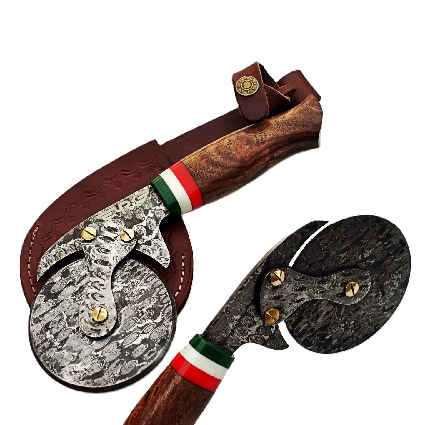 Damascus Steel Pizza Cutter with hardwood handle by Ruddock Bros El Paso Texas USA Ruddock Shirt